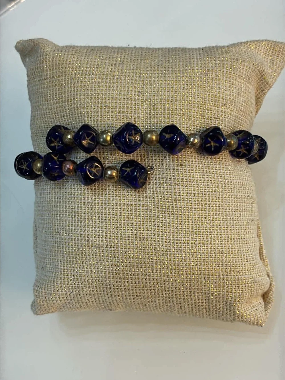 Handcrafted Blue Glass Bead Bracelet with Gold Accents